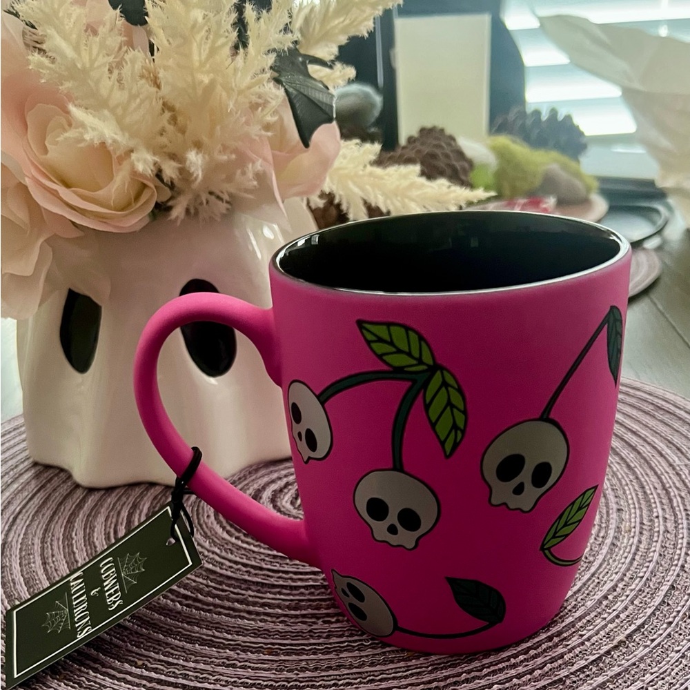 Pink and black cherry skull mug